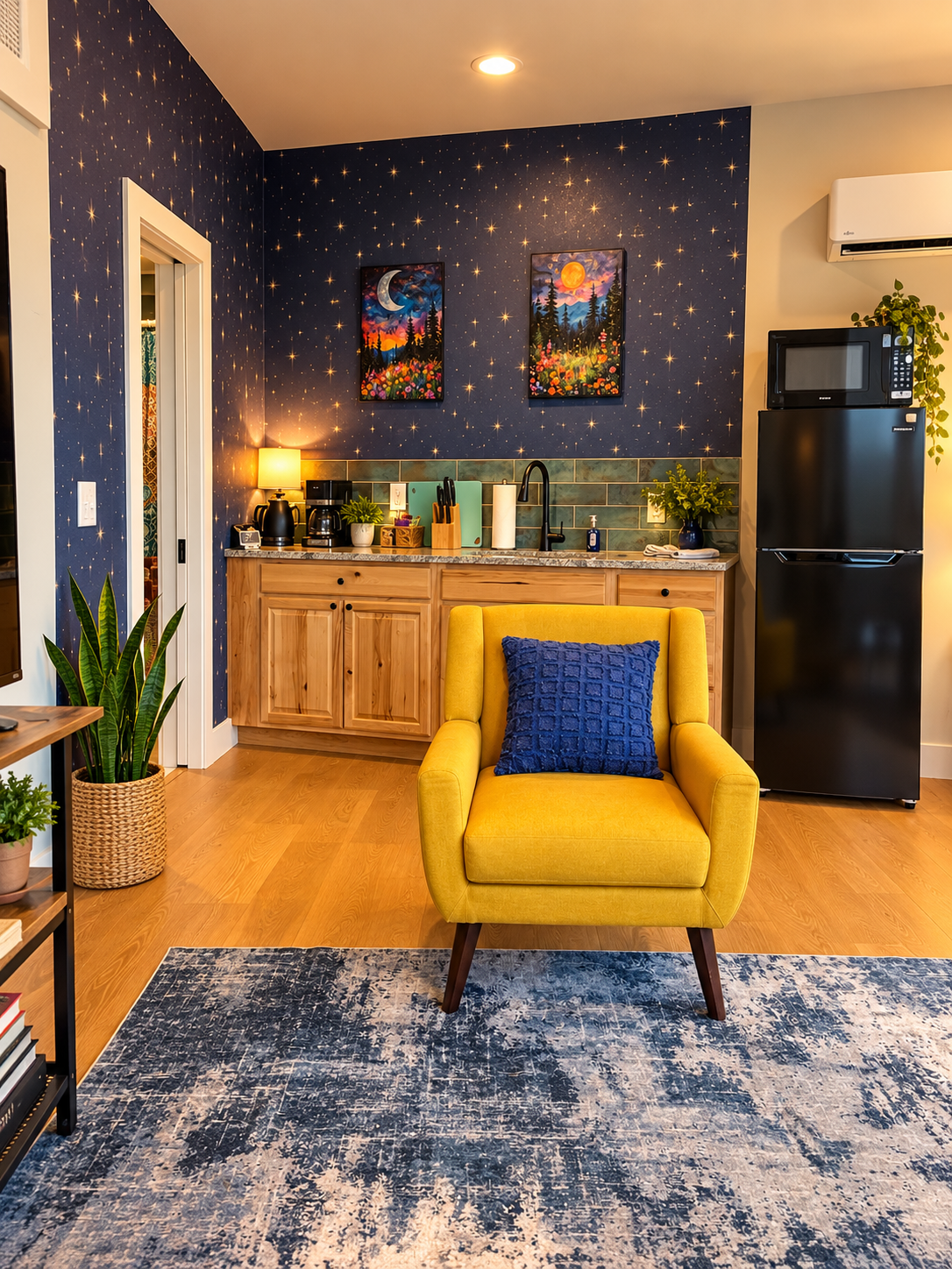 Golden chair and kitchenette