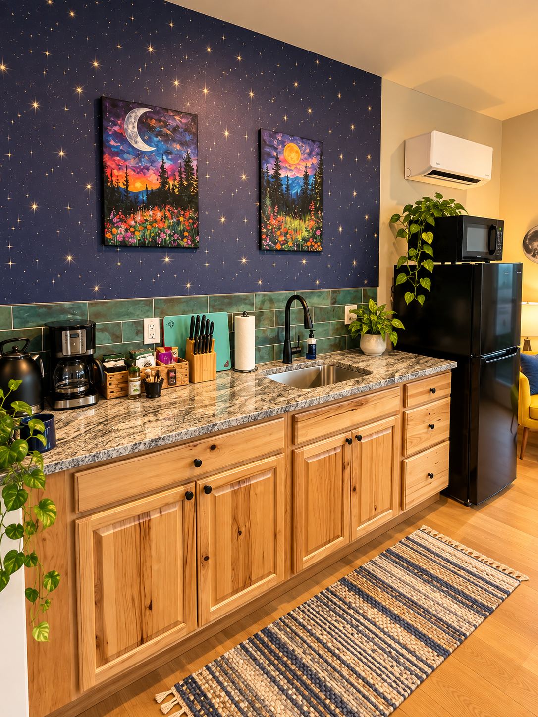 Kitchenette with starry blue walls