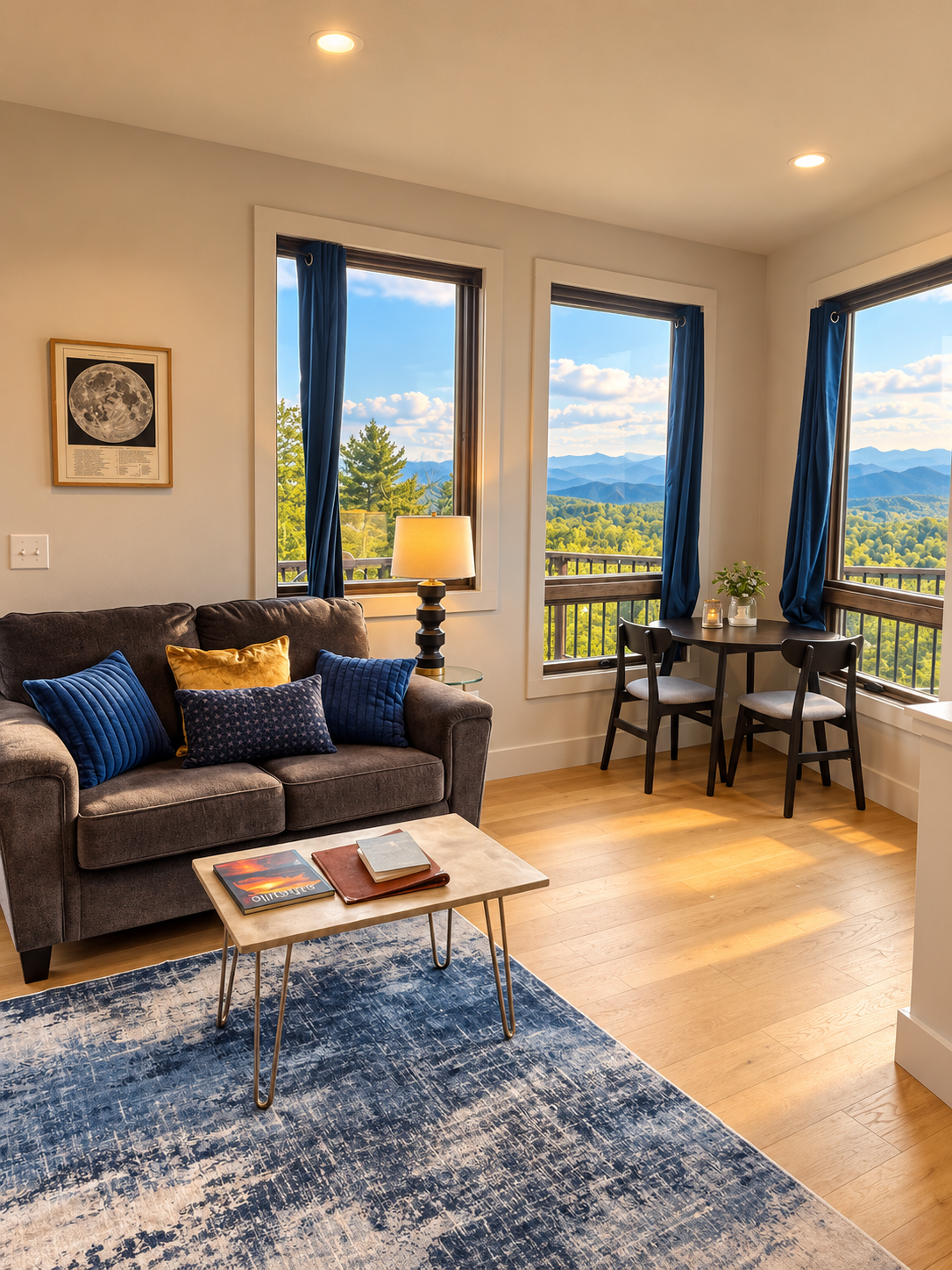 Sofa beside the Blue Ridge windows